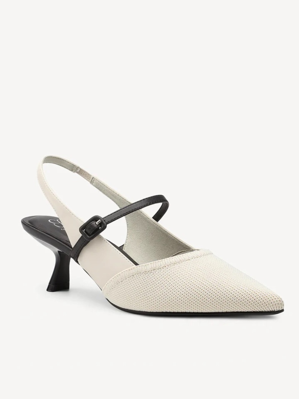 Pointed Slingback Kitten Heels in Cream and Black